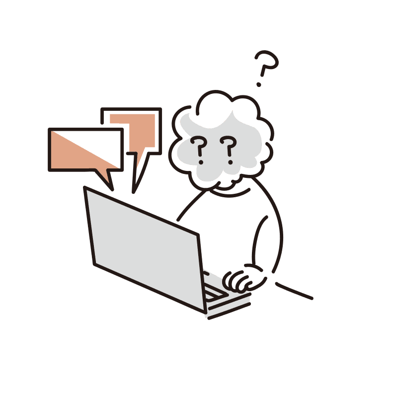 パソコンの前で、あちこちから届く連絡に混乱する人のイラスト