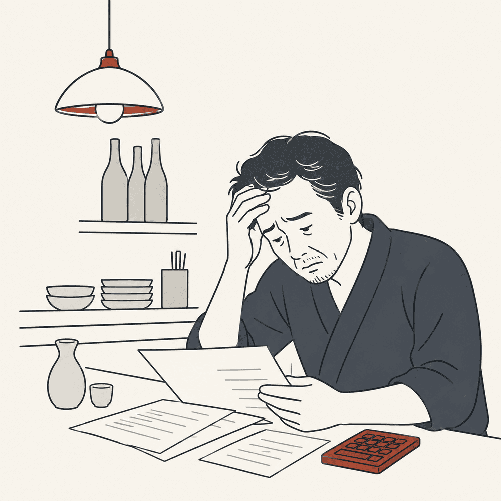 請求書を見ながら頭を抱える店主のイラスト
