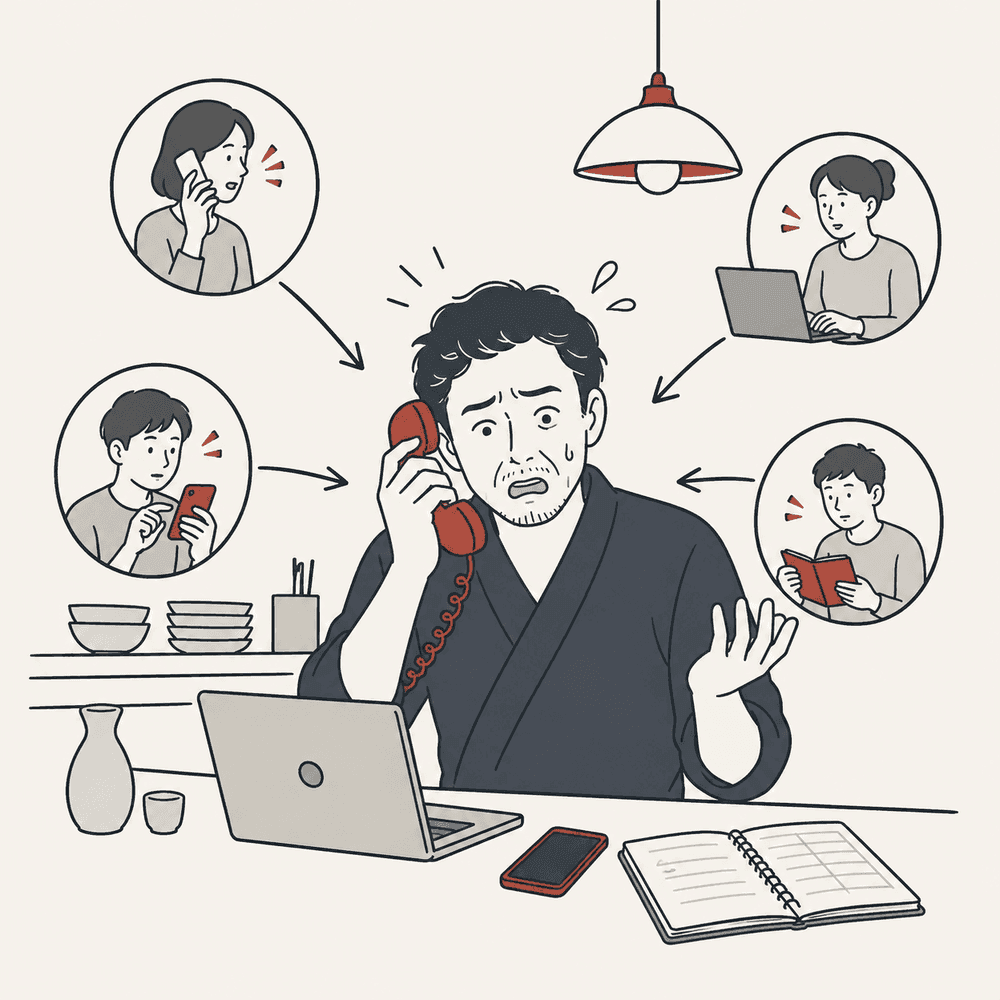 電話・スマホ・パソコン・紙の台帳から予約がバラバラに届き混乱する店主のイラスト