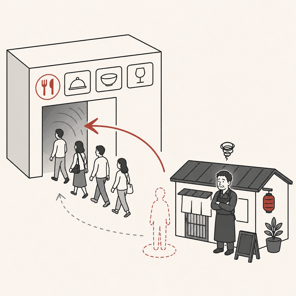 お客様がグルメサイト側に吸い込まれ、お店に情報が残らない様子のイラスト